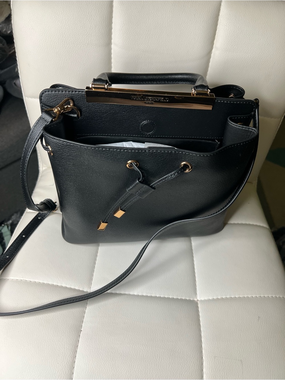 Karl Lagerfeld Black Leather Drawstring Shoulder Bag with Gold Hardware